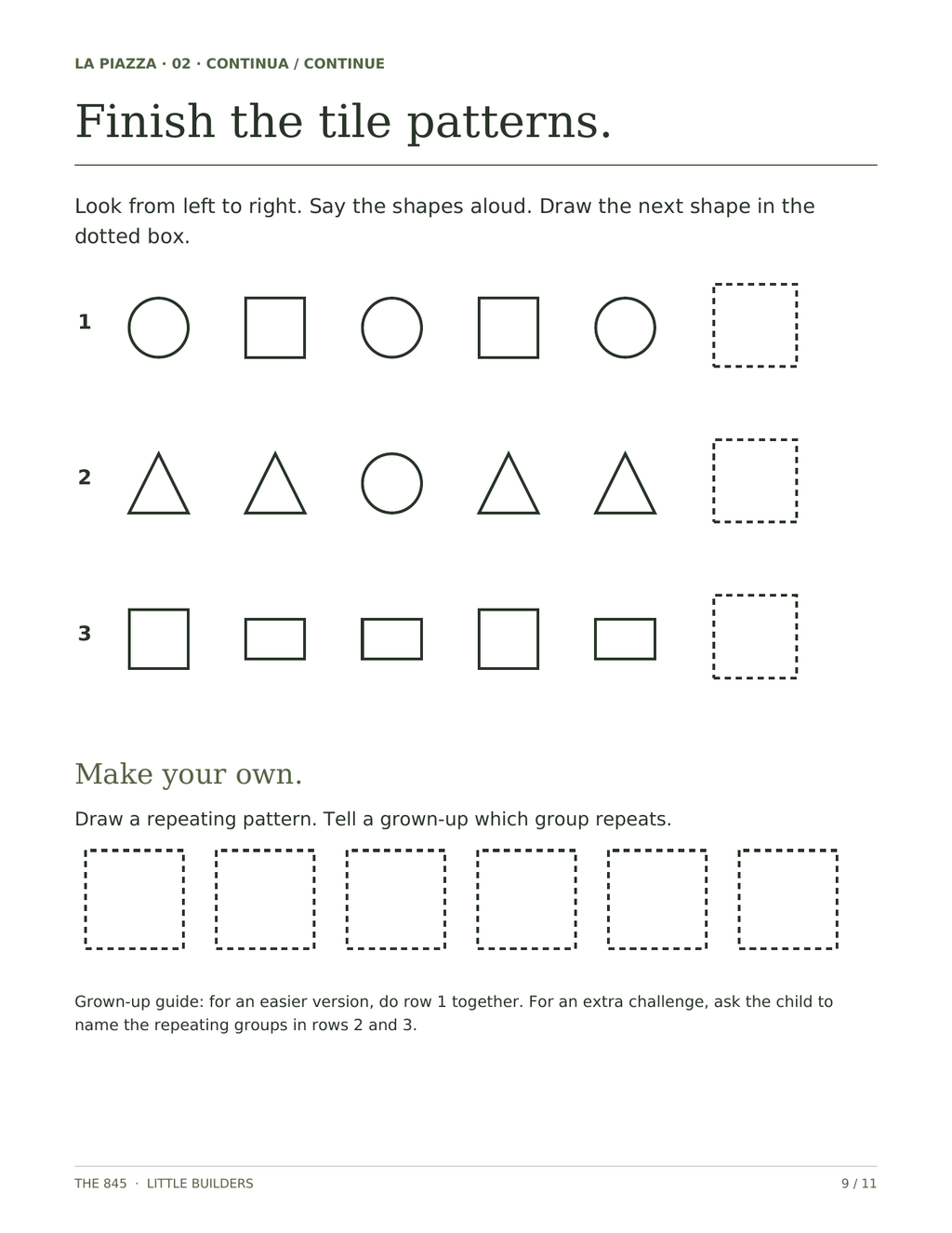Actual page 9 from Little Builders: Finish the tile patterns. Three shape sequences and a drawing area; included in the digital PDF.