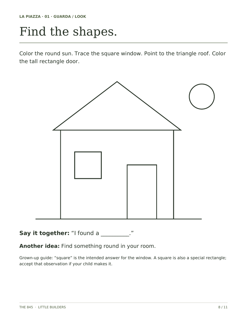 Actual page 8 from Little Builders: Find the shapes. Printable house, sun, square window and rectangle door; included in the digital PDF.