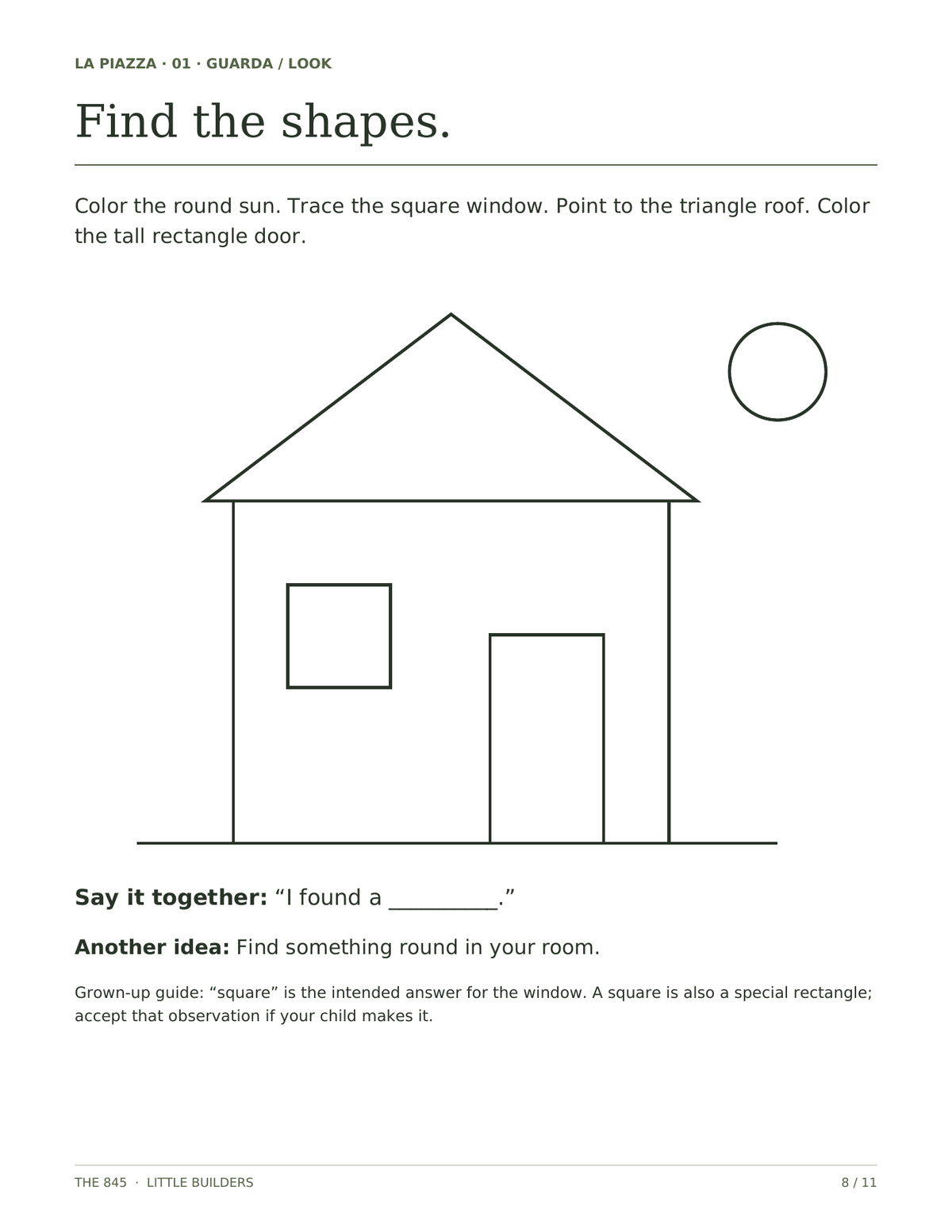 Actual page 8 from Little Builders: Find the shapes. Printable house, sun, square window and rectangle door; included in the digital PDF.